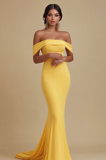 Yellow Satin Mermaid Off the Shoulder Long Formal Dress
